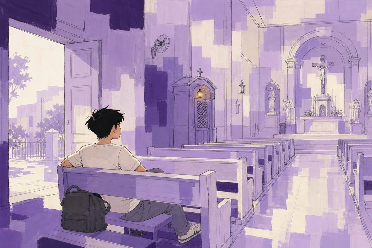 Illustration: a young man sits alone in the last pew of a quiet church, near the open door.