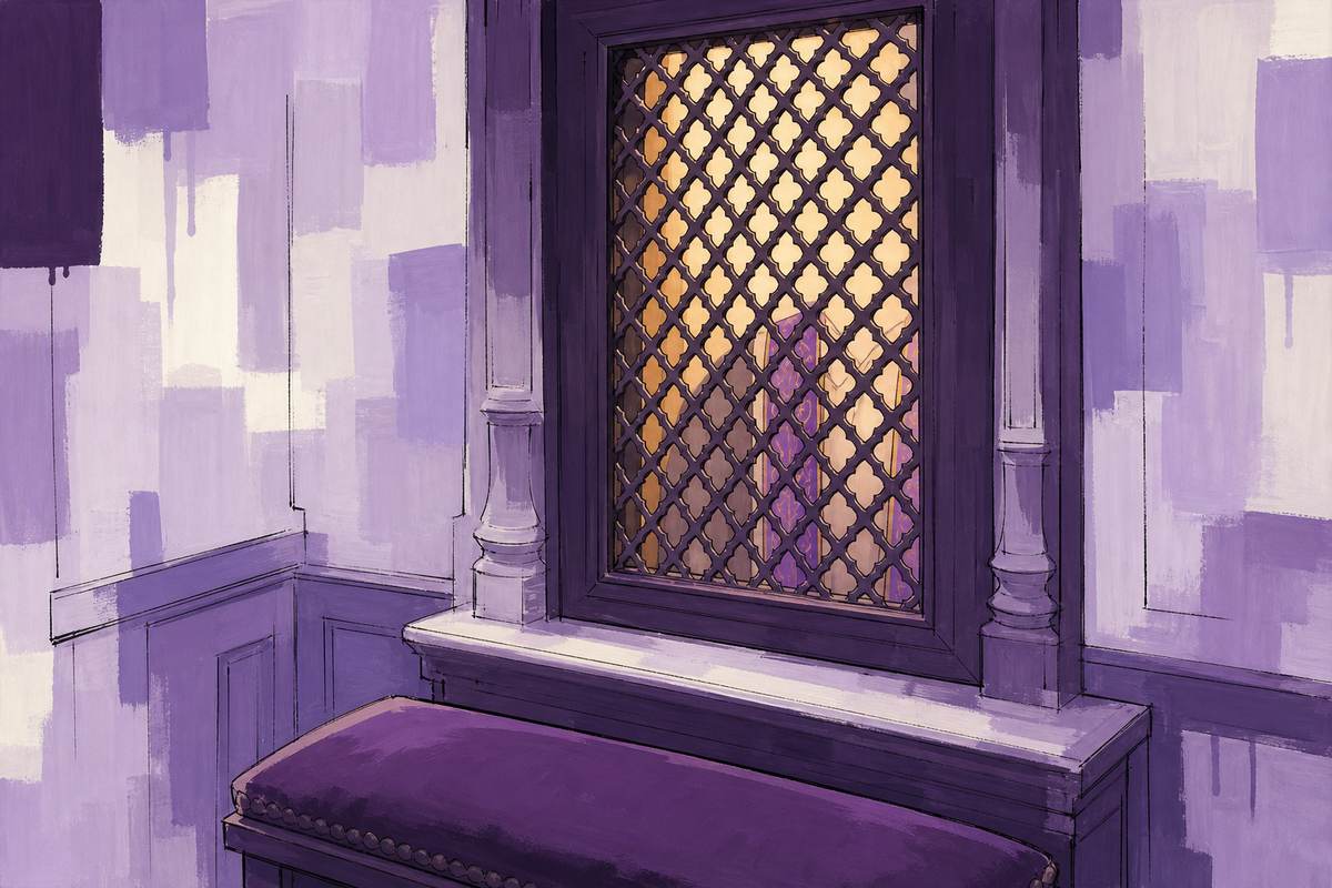 Illustration: the lattice screen of a confessional, lit warmly from the priest's side.