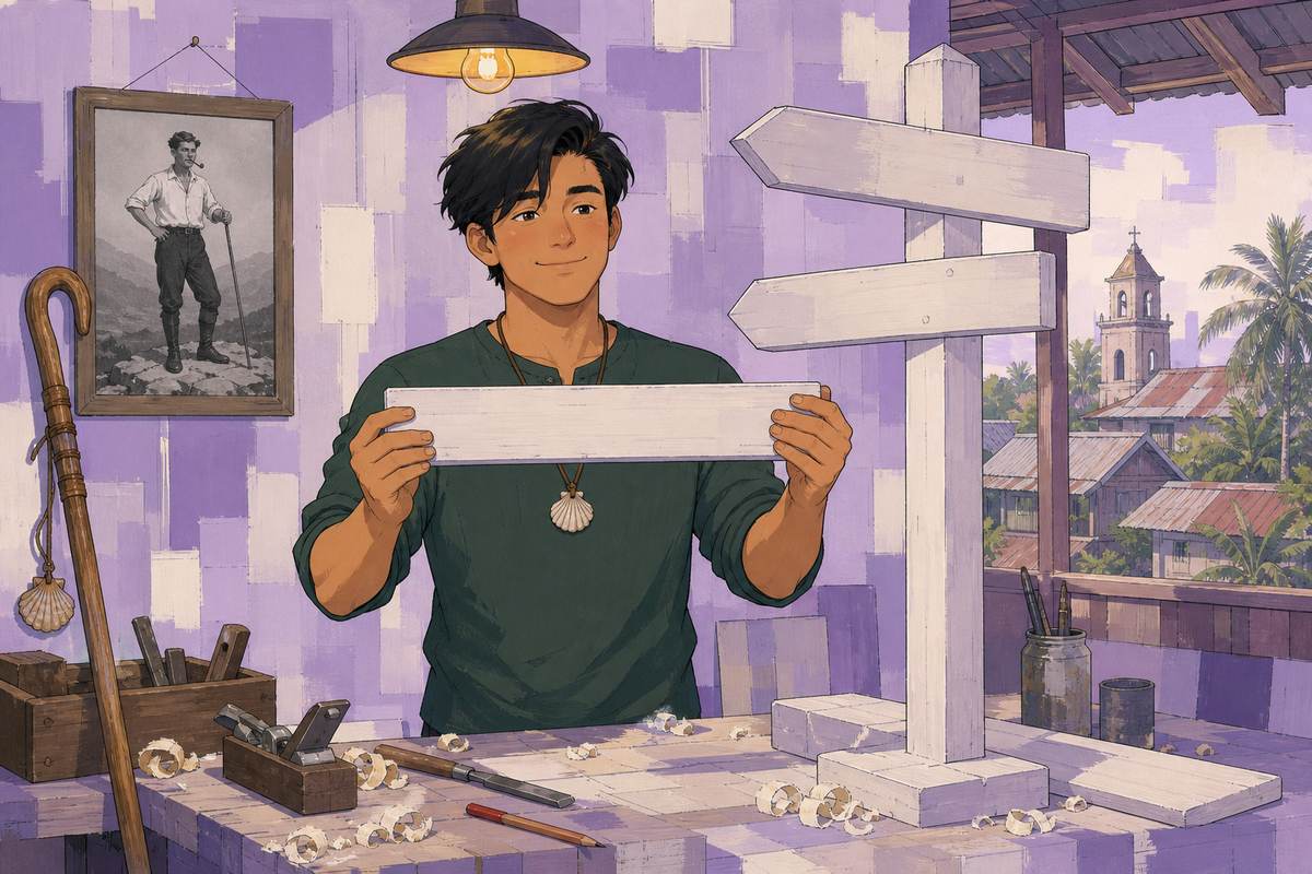 Illustration: someone at a workbench fitting another arm onto a wooden signpost, with a framed photograph on the wall, and palms and a church belfry through the window.