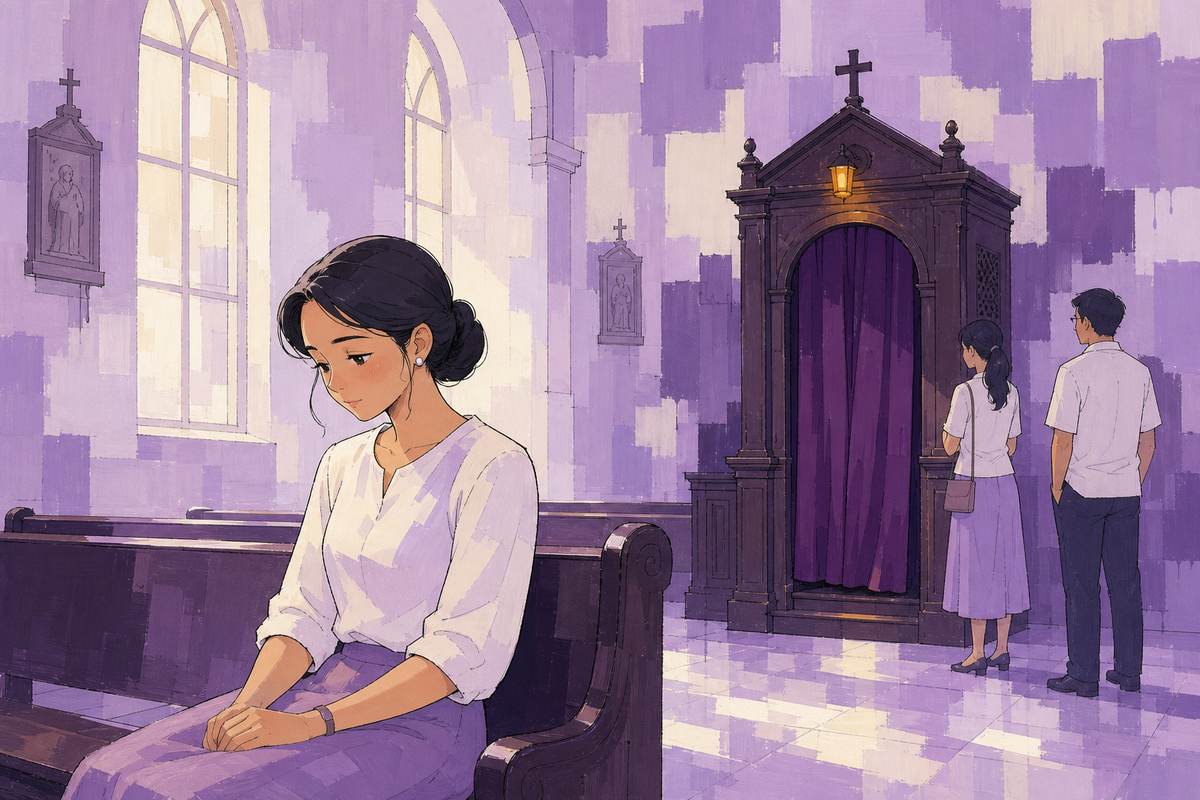 Illustration: a woman waits in a pew while a lamp glows above the confessional door.